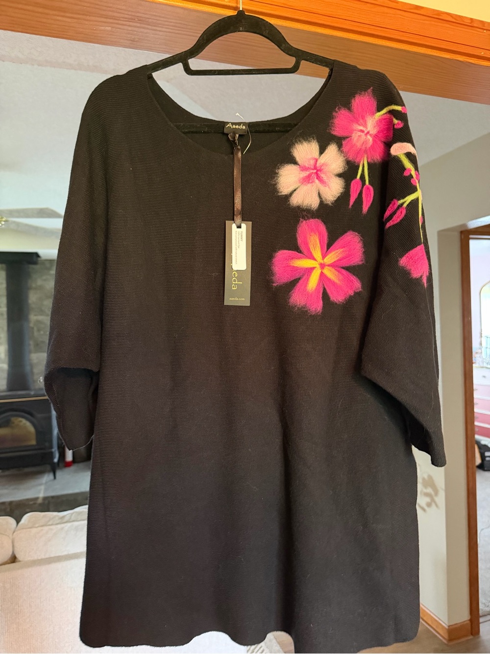 Apt. 9 Black Crewneck Sweater with Pink Floral Accent